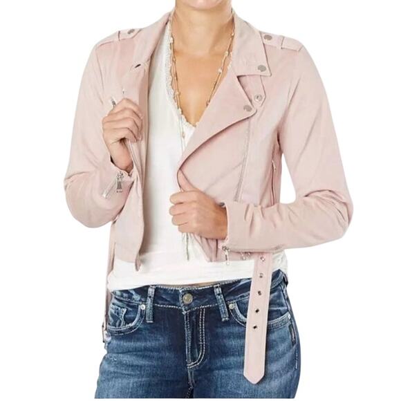 Ashley Outerwear Cropped Moto Jacket Pink Asymmetrical Zip Belt S Faux Suede Y2K - Picture 1 of 13